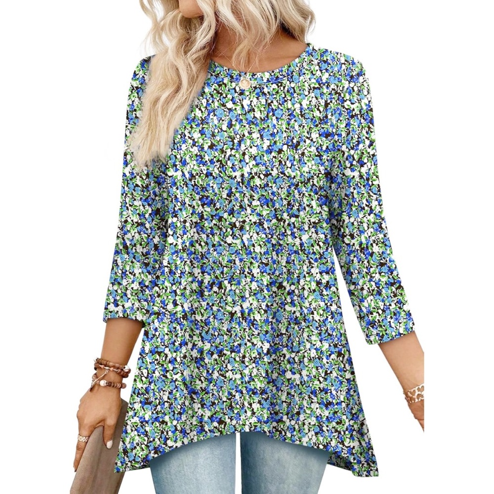 OFEEFAN Blue Floral Tunic Top 3/4 Sleeve Size Large - Picture 1 of 5